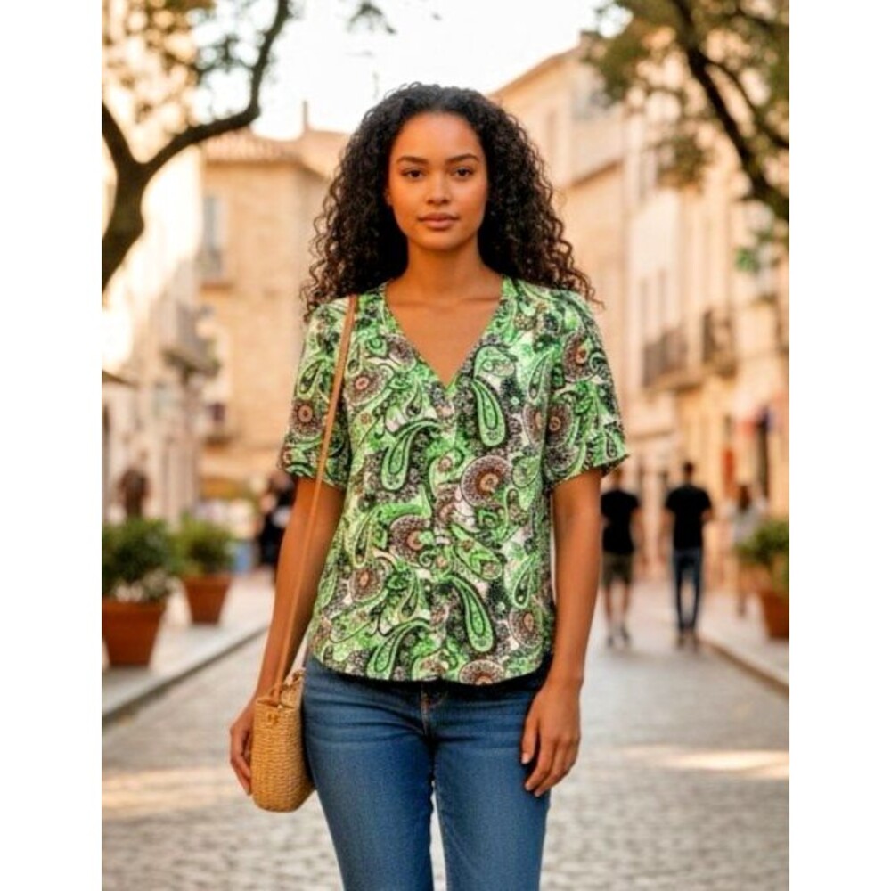 Maeve Anthropologie NWOT womens blouse sz 8 v-neck button down mint paisley
